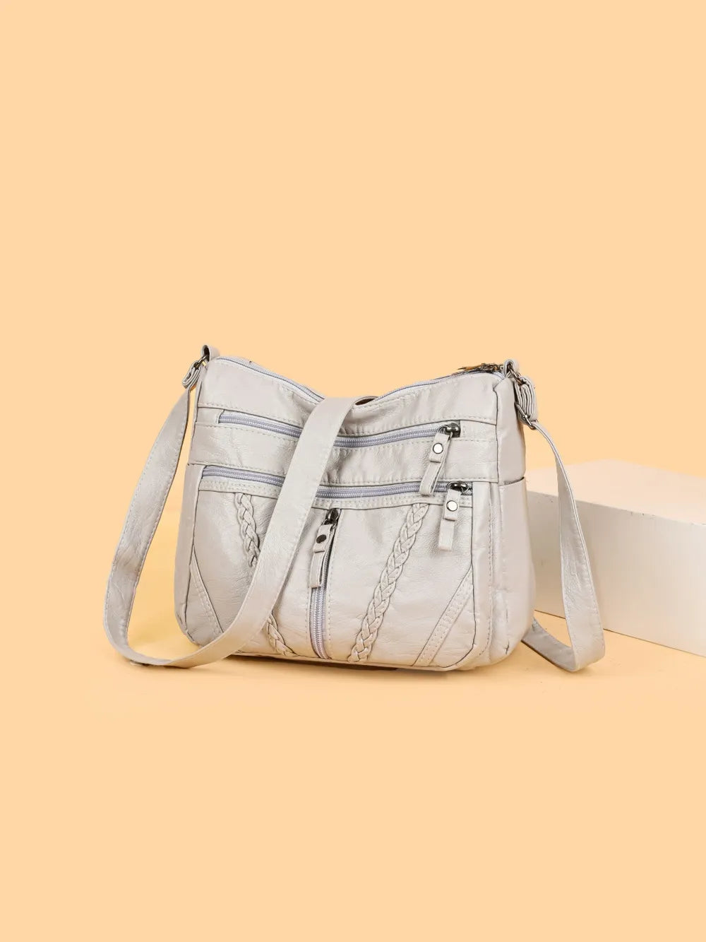 Sac à bandoulière en cuir synthétique tressé – Sac à main femme de taille moyenne avec plusieurs fermetures éclair