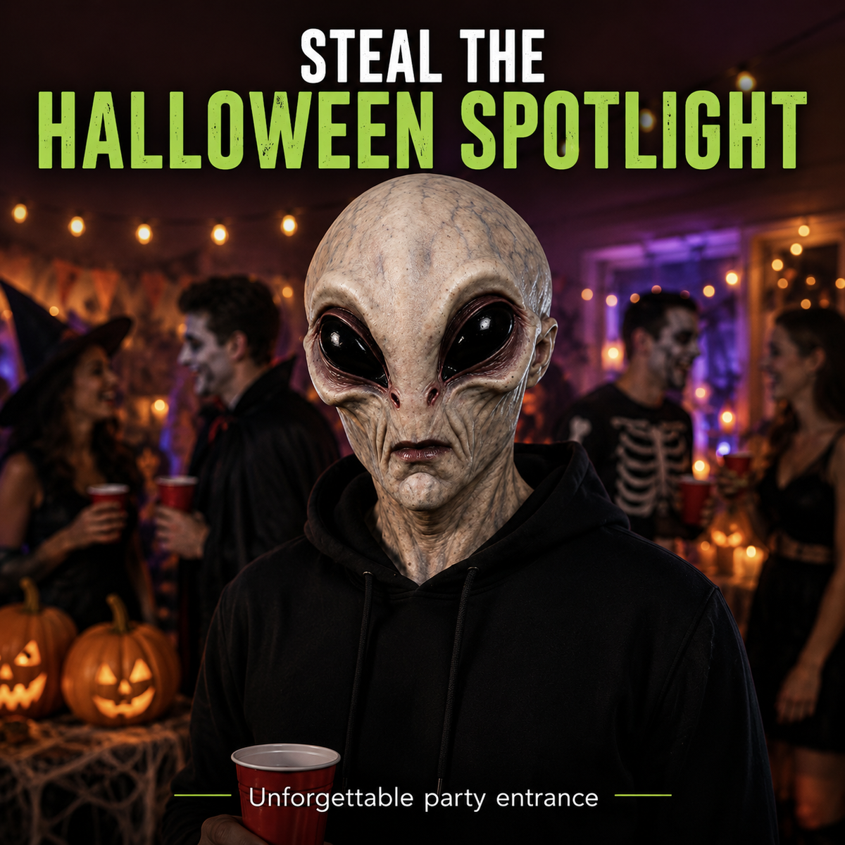 Hyper-realistic alien full head Halloween mask, costume party scene