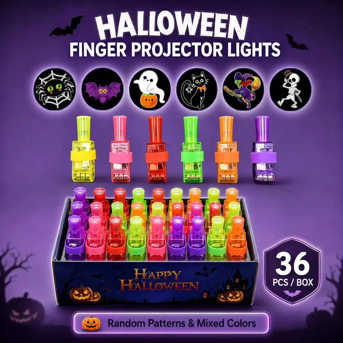 Halloween finger projector rings shown in the pack as party favors