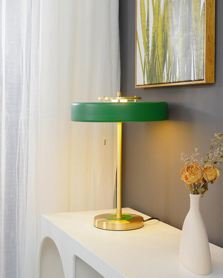 Mid-Century Round Table Lamp with Pull Chain Fabric Shade Warm LED Bedside Living Room — 3 Colors