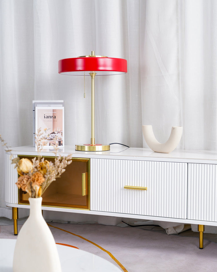 Mid-Century Round Table Lamp with Pull Chain Fabric Shade Warm LED Bedside Living Room — 3 Colors