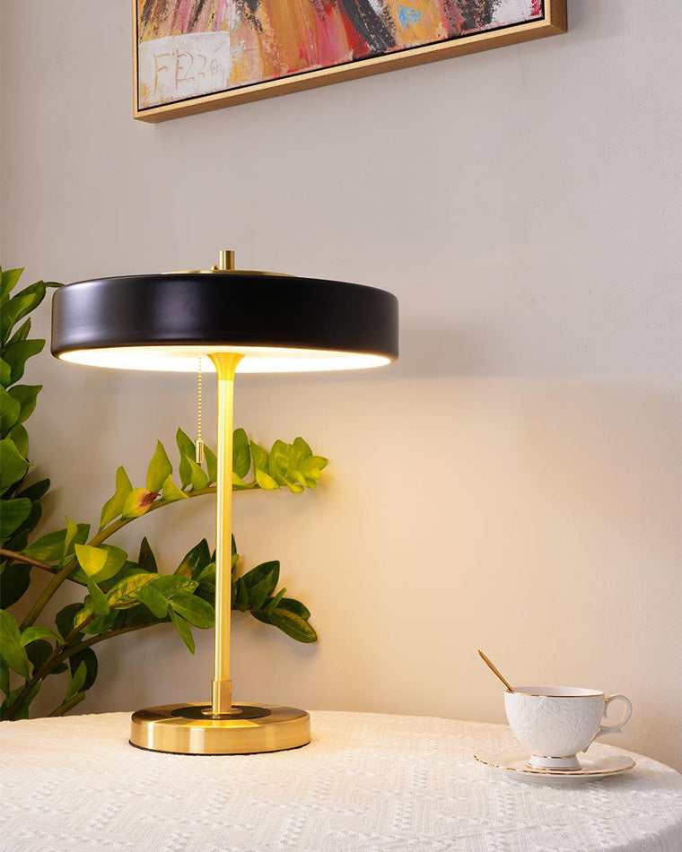 Mid-Century Round Table Lamp with Pull Chain Fabric Shade Warm LED Bedside Living Room — 3 Colors