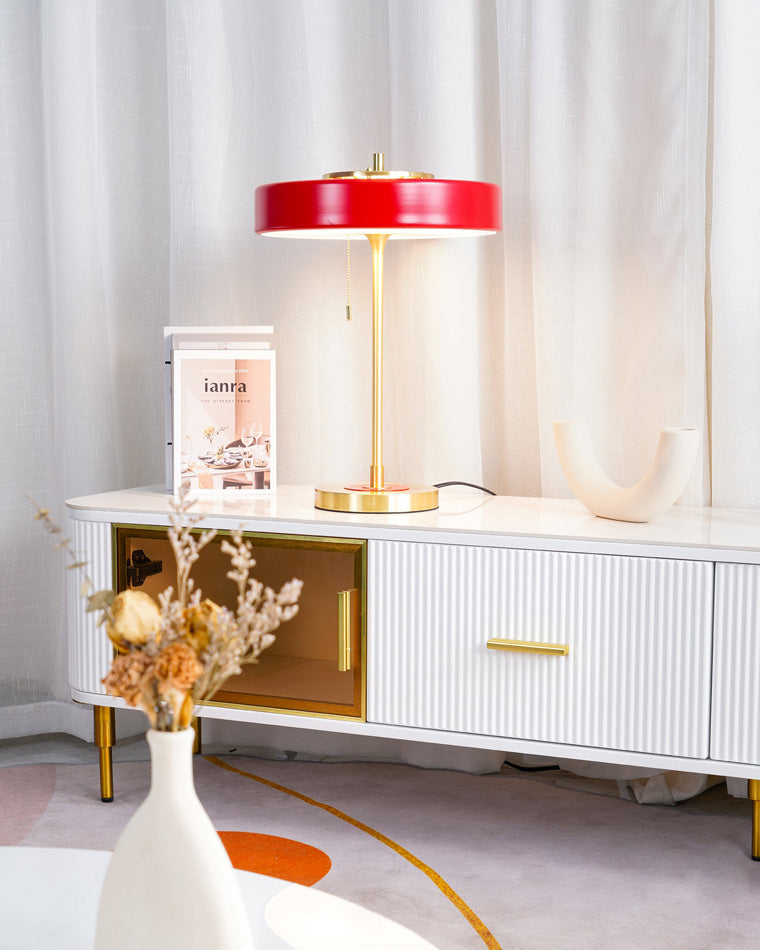 Mid-Century Round Table Lamp with Pull Chain Fabric Shade Warm LED Bedside Living Room — 3 Colors