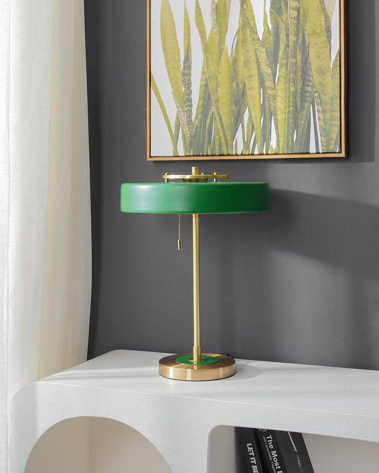 Mid-Century Round Table Lamp with Pull Chain Fabric Shade Warm LED Bedside Living Room — 3 Colors