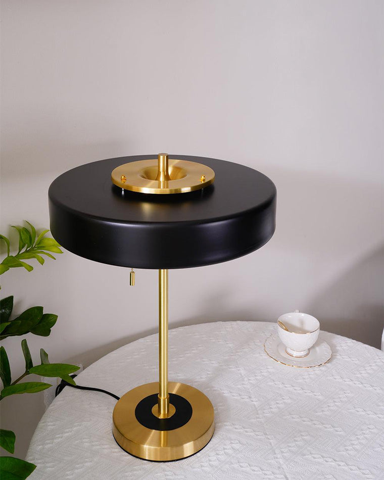 Mid-Century Round Table Lamp with Pull Chain Fabric Shade Warm LED Bedside Living Room — 3 Colors