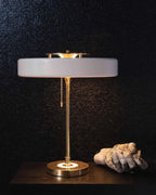Mid-Century Round Table Lamp with Pull Chain Fabric Shade Warm LED Bedside Living Room — 3 Colors