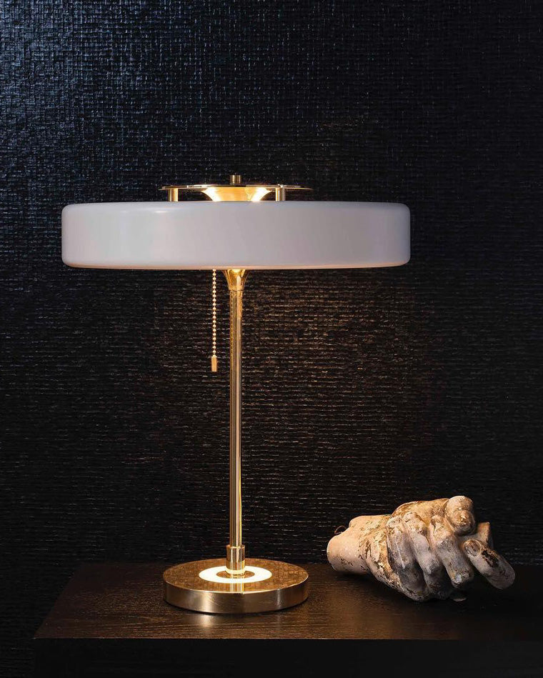Mid-Century Round Table Lamp with Pull Chain Fabric Shade Warm LED Bedside Living Room — 3 Colors