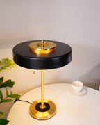 Mid-Century Round Table Lamp with Pull Chain Fabric Shade Warm LED Bedside Living Room — 3 Colors