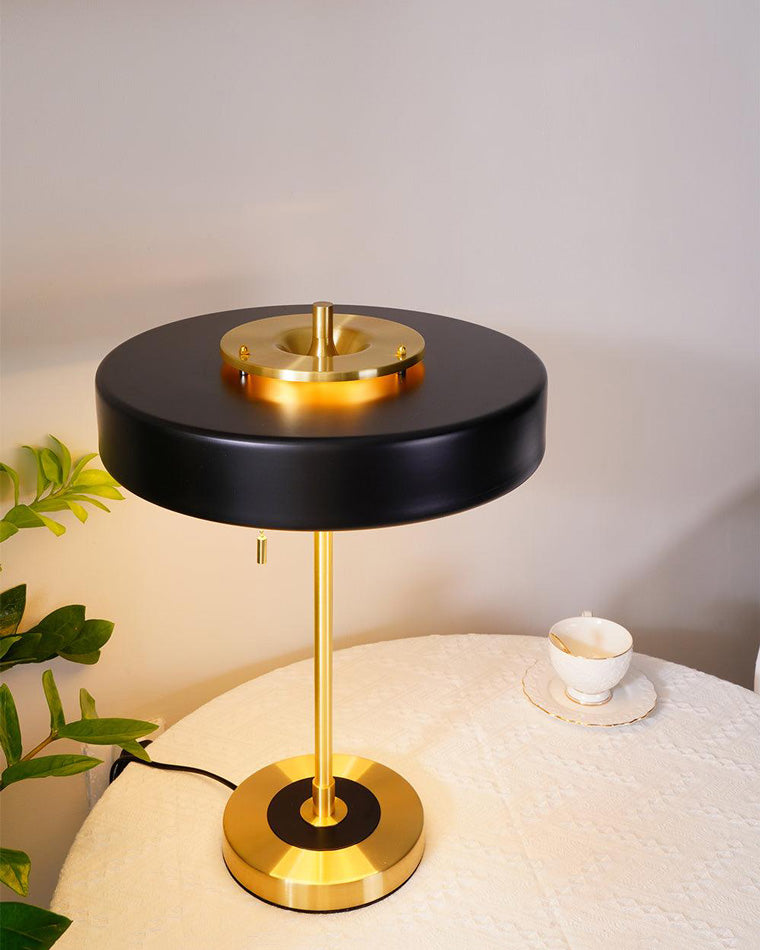 Mid-Century Round Table Lamp with Pull Chain Fabric Shade Warm LED Bedside Living Room — 3 Colors