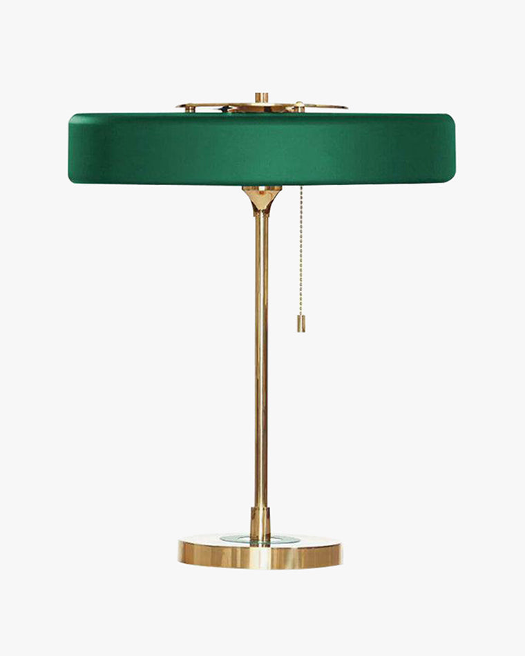 Mid-Century Round Table Lamp with Pull Chain Fabric Shade Warm LED Bedside Living Room — 3 Colors