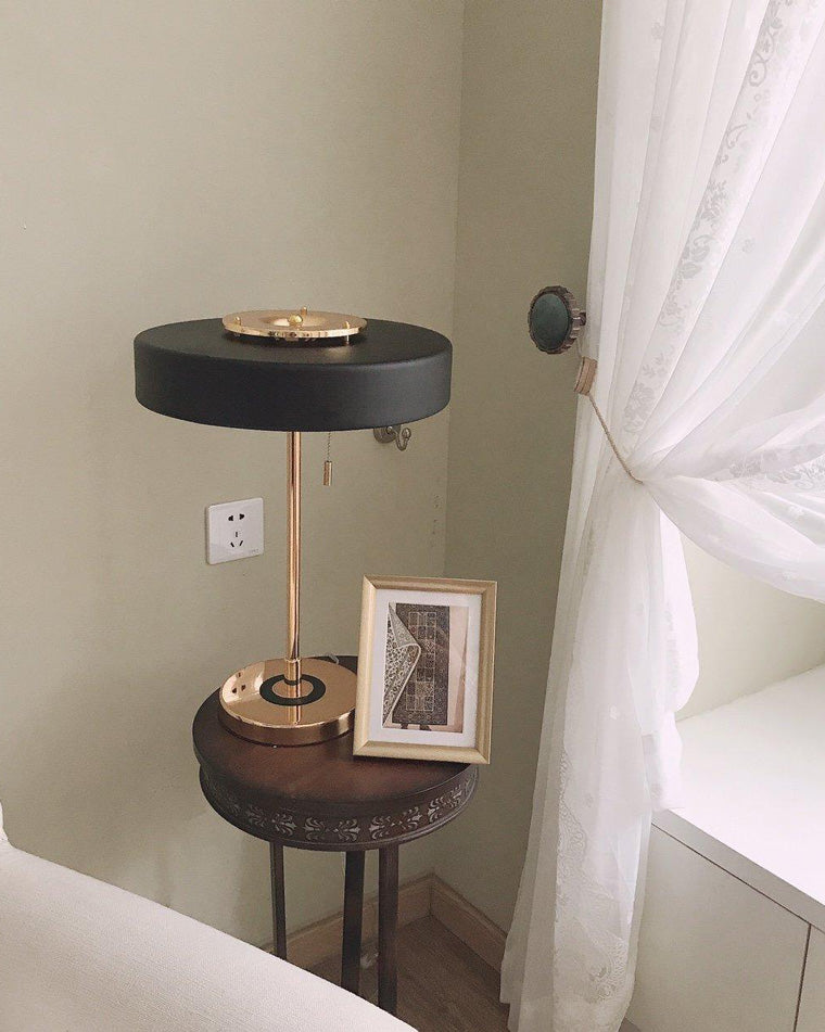 Mid-Century Round Table Lamp with Pull Chain Fabric Shade Warm LED Bedside Living Room — 3 Colors