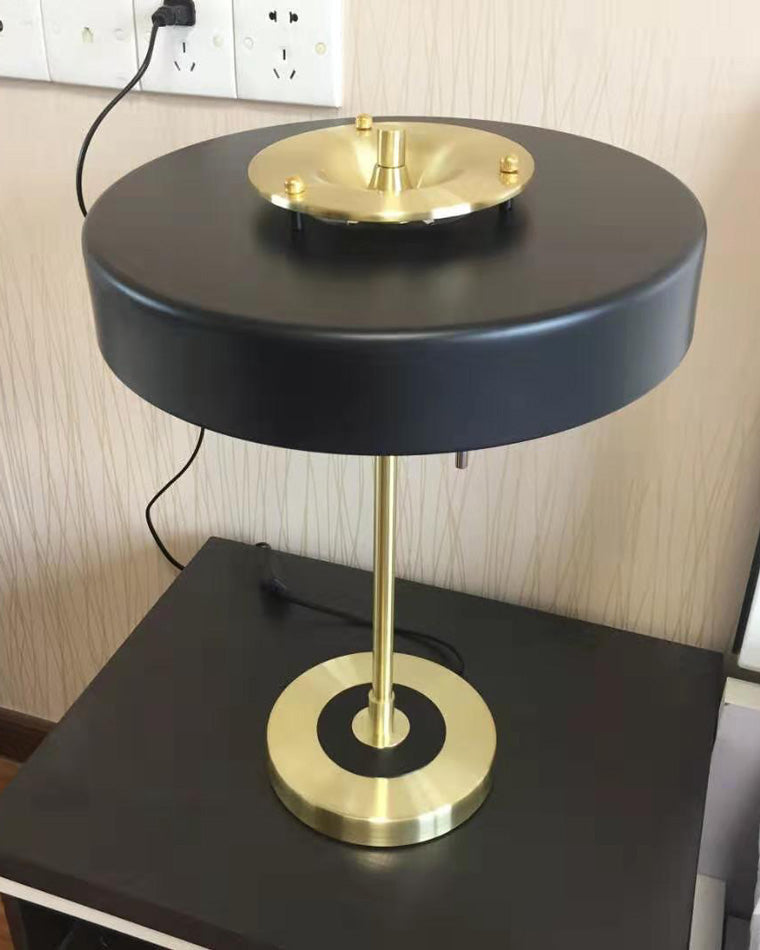 Mid-Century Round Table Lamp with Pull Chain Fabric Shade Warm LED Bedside Living Room — 3 Colors