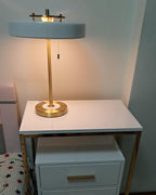 Mid-Century Round Table Lamp with Pull Chain Fabric Shade Warm LED Bedside Living Room — 3 Colors