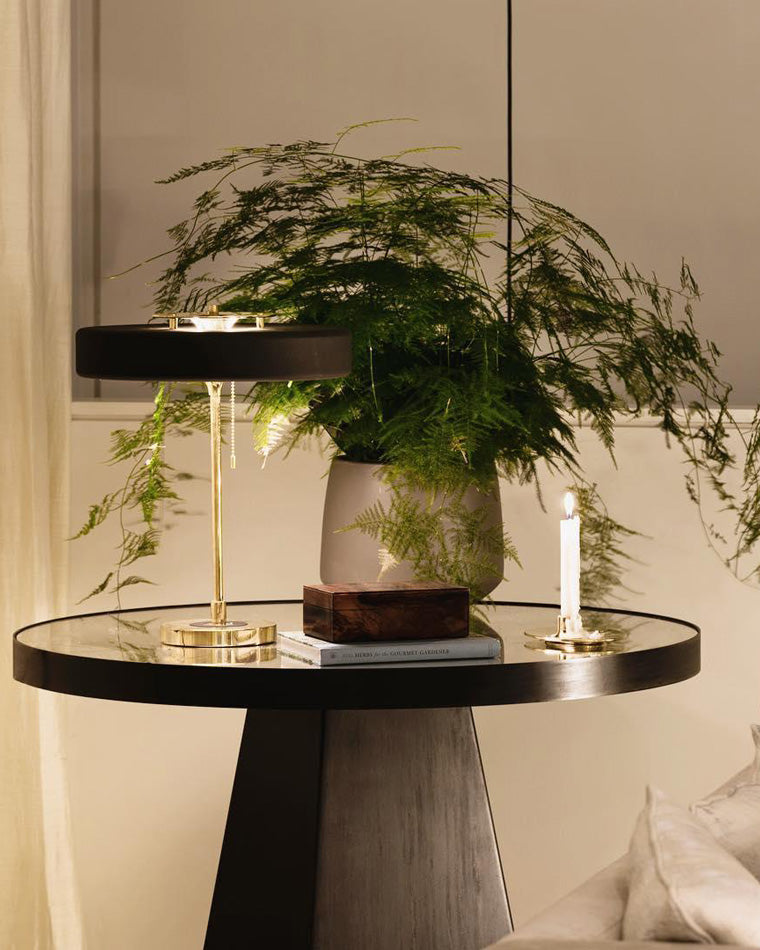 Mid-Century Round Table Lamp with Pull Chain Fabric Shade Warm LED Bedside Living Room — 3 Colors
