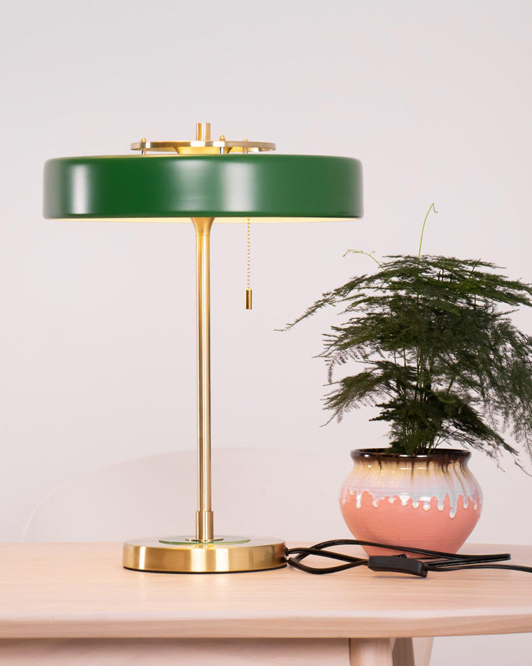 Mid-Century Round Table Lamp with Pull Chain Fabric Shade Warm LED Bedside Living Room — 3 Colors