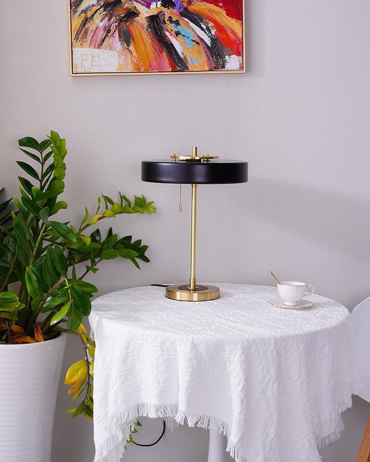 Mid-Century Round Table Lamp with Pull Chain Fabric Shade Warm LED Bedside Living Room — 3 Colors