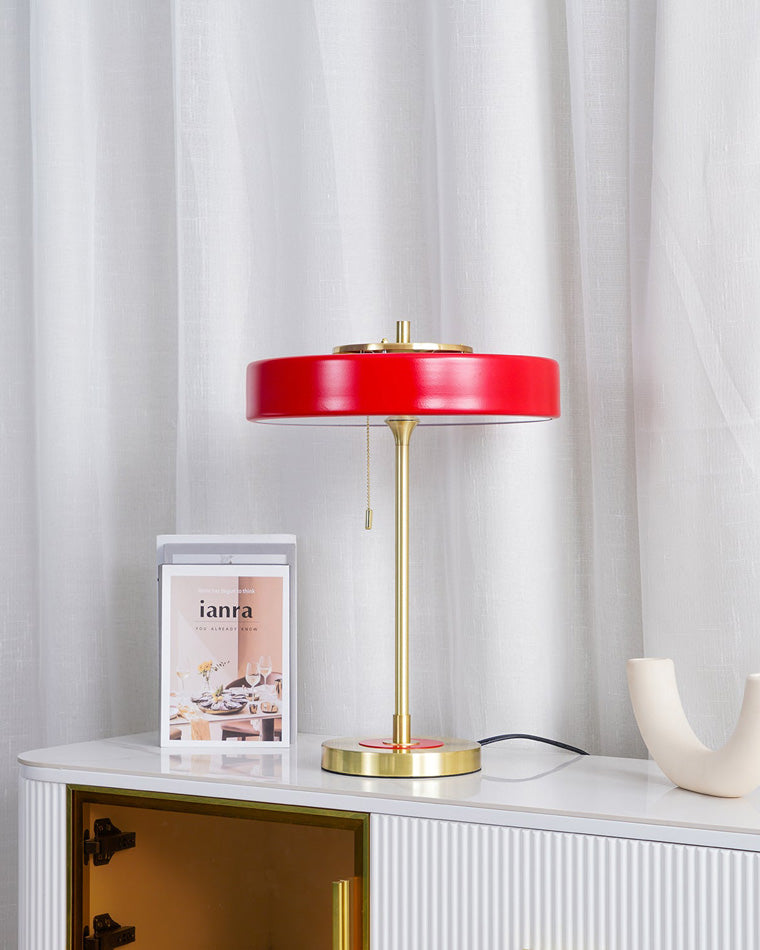 Mid-Century Round Table Lamp with Pull Chain Fabric Shade Warm LED Bedside Living Room — 3 Colors