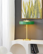 Mid-Century Round Table Lamp with Pull Chain Fabric Shade Warm LED Bedside Living Room — 3 Colors
