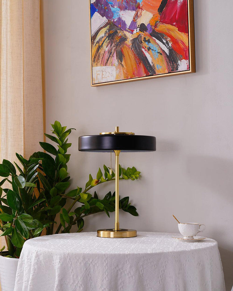 Mid-Century Round Table Lamp with Pull Chain Fabric Shade Warm LED Bedside Living Room — 3 Colors