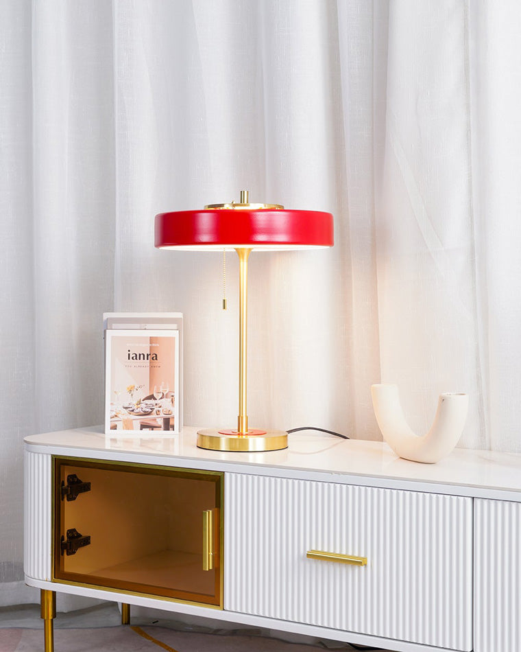 Mid-Century Round Table Lamp with Pull Chain Fabric Shade Warm LED Bedside Living Room — 3 Colors