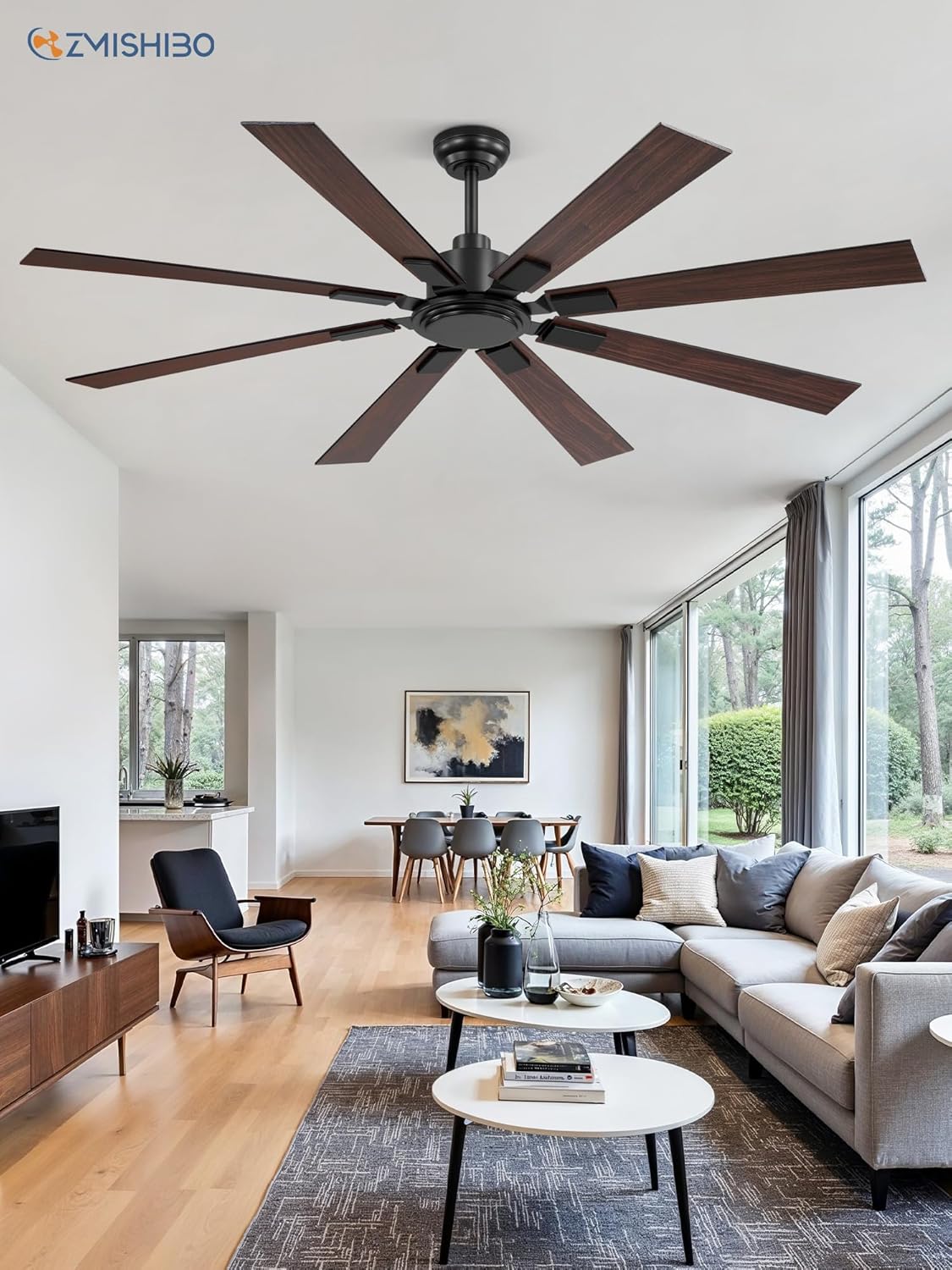 Large Ceiling Fan No Light 8-Blade Reversible DC Motor 6-Speed Indoor Outdoor Patio Living Room Garage — 52 to 72 Inch