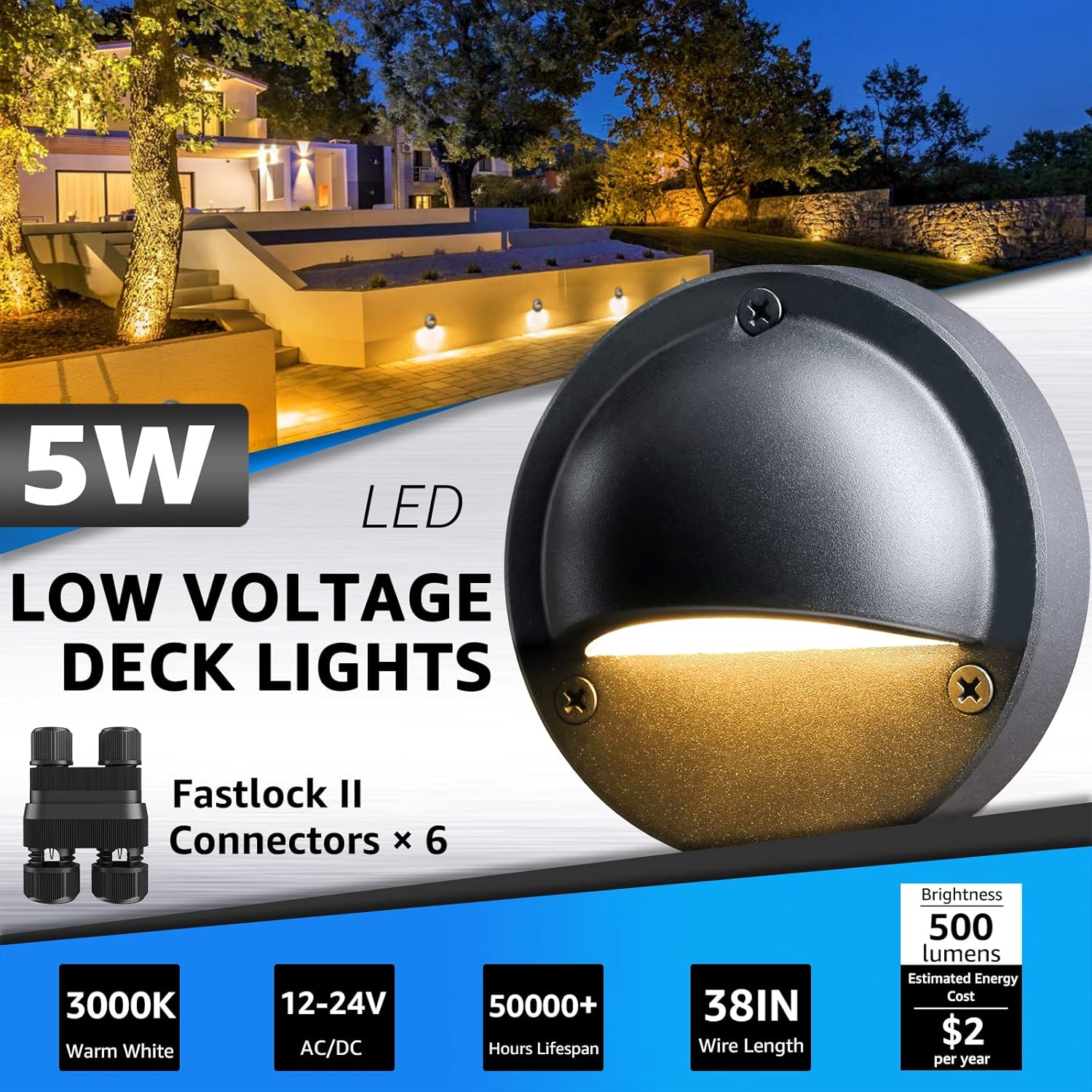 Low voltage LED deck step lights warm white 2700K IP65 outdoor stair lighting — step detail close-up
