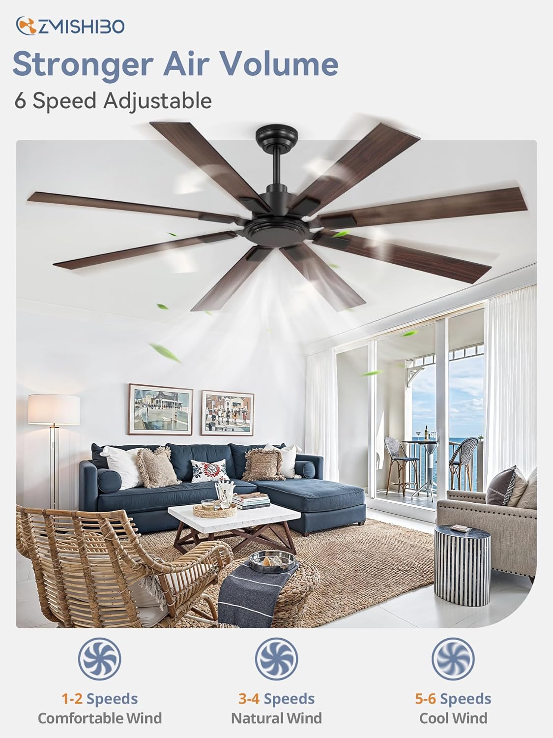 Large Ceiling Fan No Light 8-Blade Reversible DC Motor 6-Speed Indoor Outdoor Patio Living Room Garage — 52 to 72 Inch