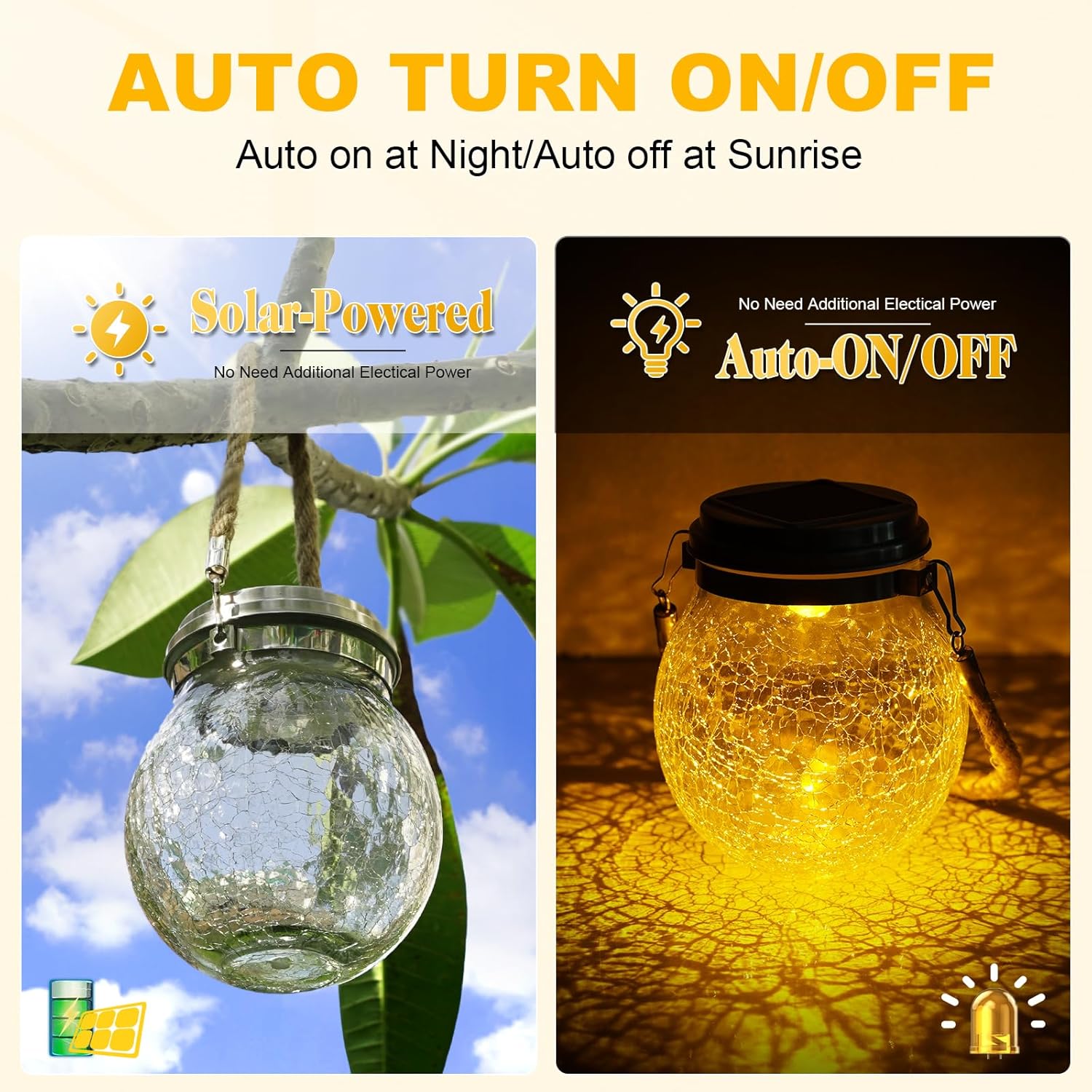 Solar hanging outdoor lantern warm amber LED waterproof decorative garden — hanging from shepherd hook