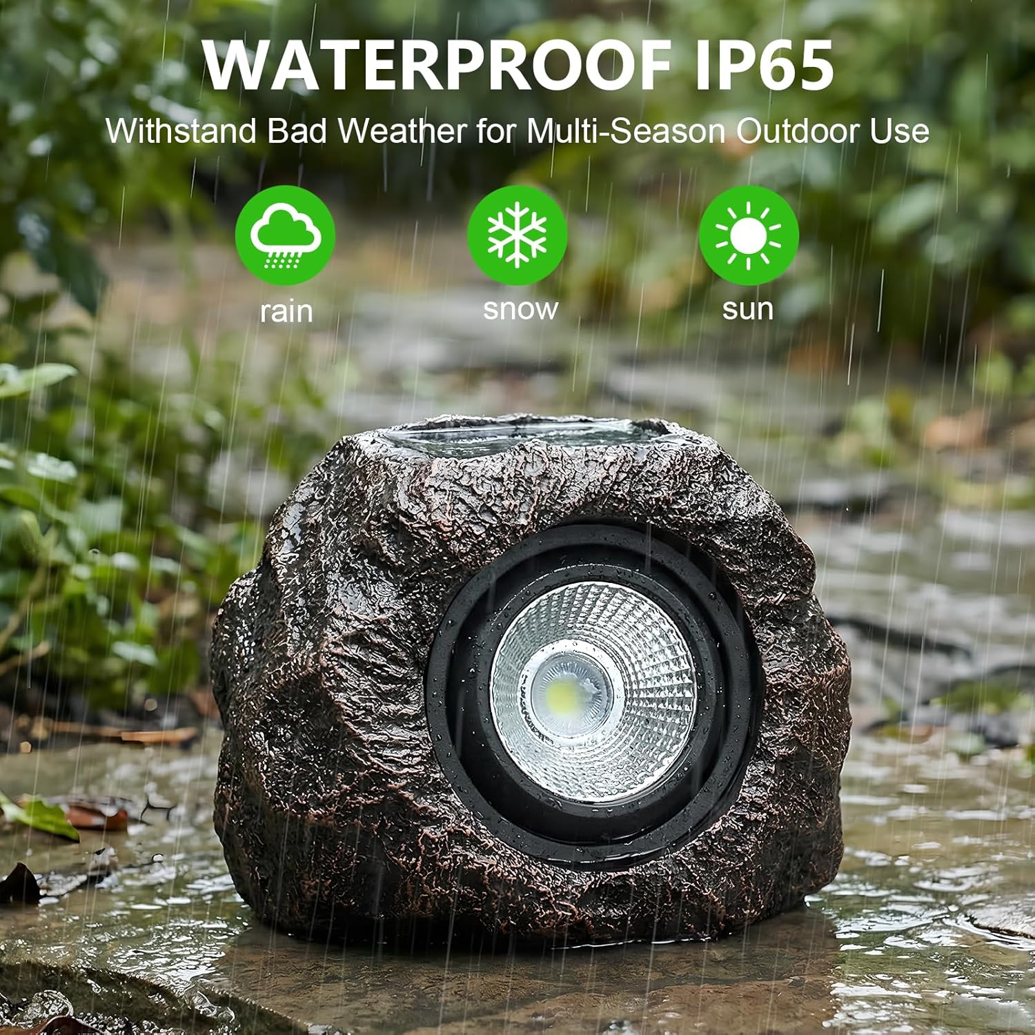 Solar rock garden lights decorative fake stone warm white outdoor — installed in garden bed