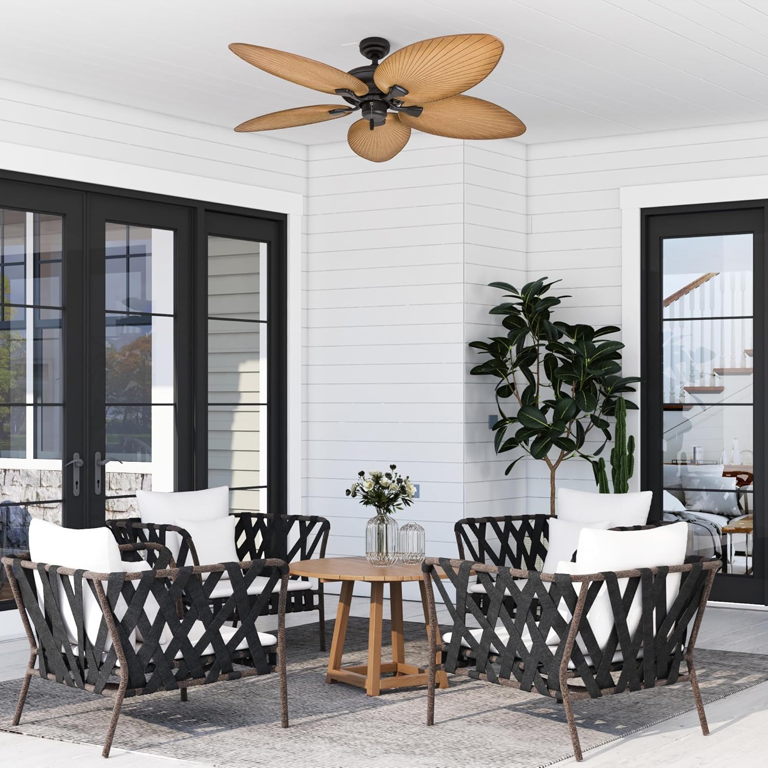Tropical Palm Leaf Blade Ceiling Fan No Light Damp Rated Outdoor Indoor Pull Chain 52 Inch — Bronze