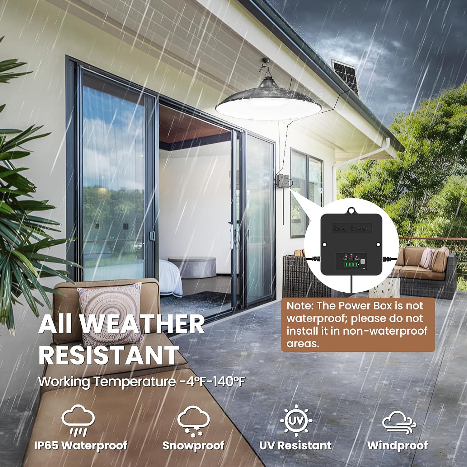 Solar shed garage pendant light indoor outdoor motion sensor IP65 remote — bright white illumination
