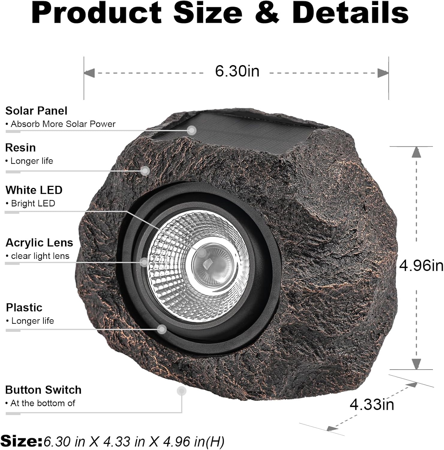 Solar rock garden lights decorative fake stone warm white outdoor — solar charging panel detail