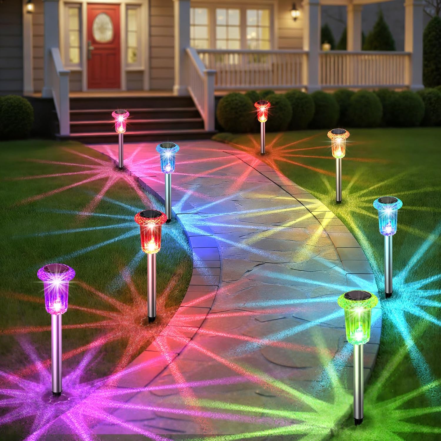Solar garden stake lights RGB color changing IP65 outdoor lawn decorative — 8-pack, 12-pack and 16-pack