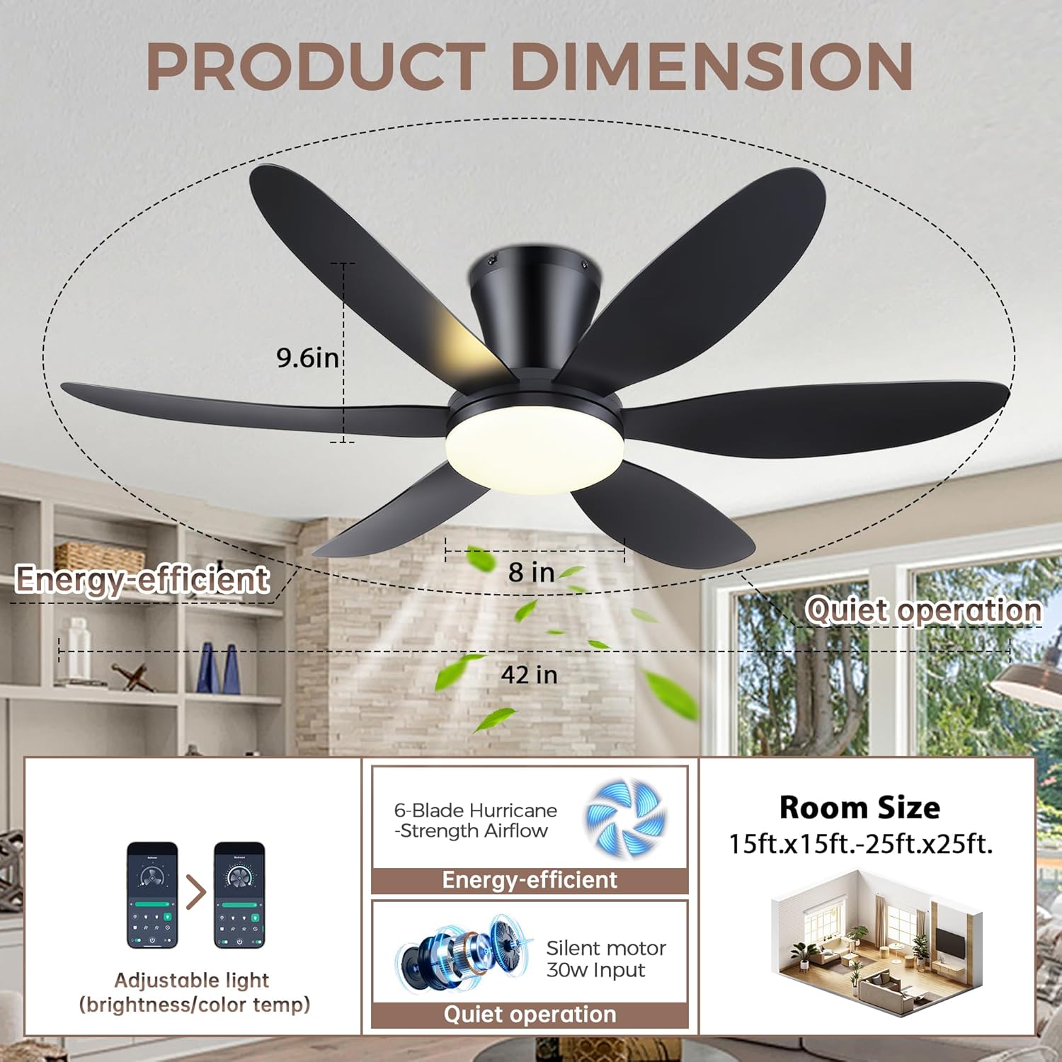 Low Profile Flush Mount Ceiling Fan with LED Light Dimmable Remote Noiseless Bedroom — 36 to 46 Inch