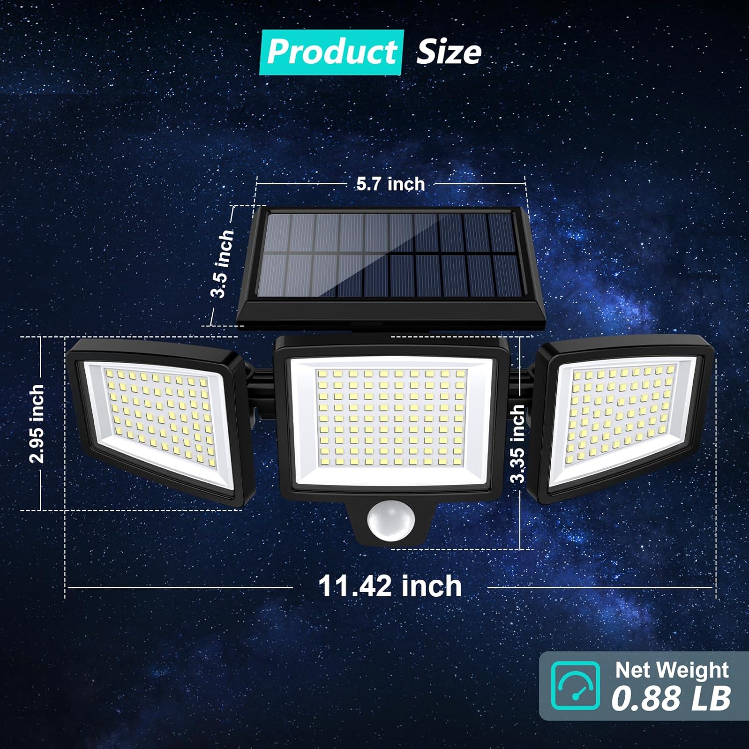 Solar motion security flood light 3-head 182 LED IP65 outdoor — installed on garage wall
