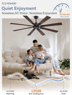 Large Ceiling Fan No Light 8-Blade Reversible DC Motor 6-Speed Indoor Outdoor Patio Living Room Garage — 52 to 72 Inch