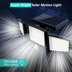 Solar motion security flood light 3-head 182 LED IP65 outdoor — solar panel charging view