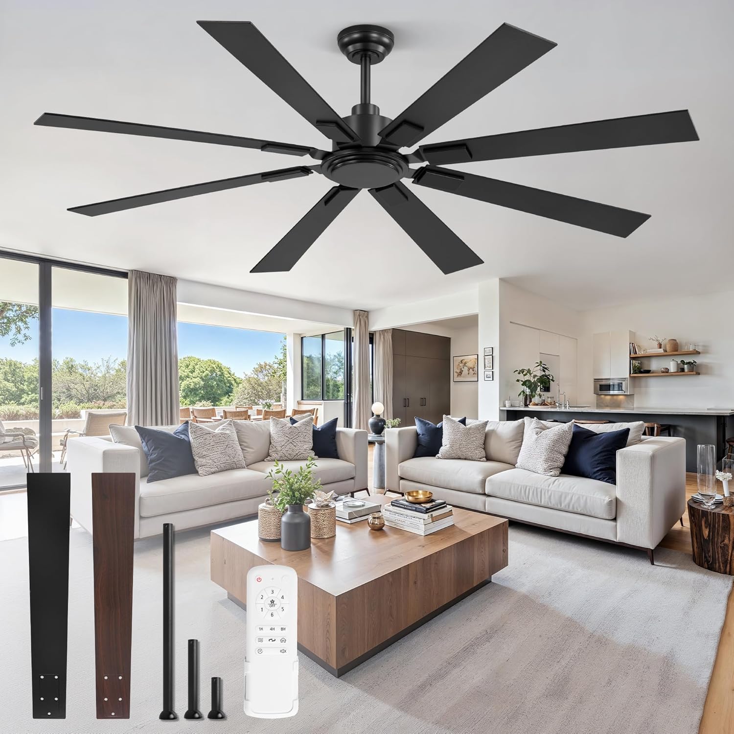 Large ceiling fan no light 8-blade DC motor 6-speed indoor outdoor patio garage — black bronze nickel 52 to 72 inch