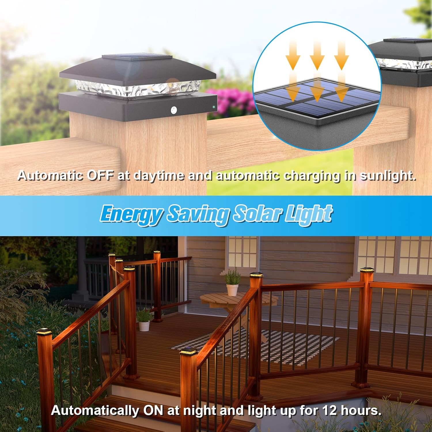 Solar fence post cap lights warm amber LED outdoor 4x4 inch — post cap detail close-up