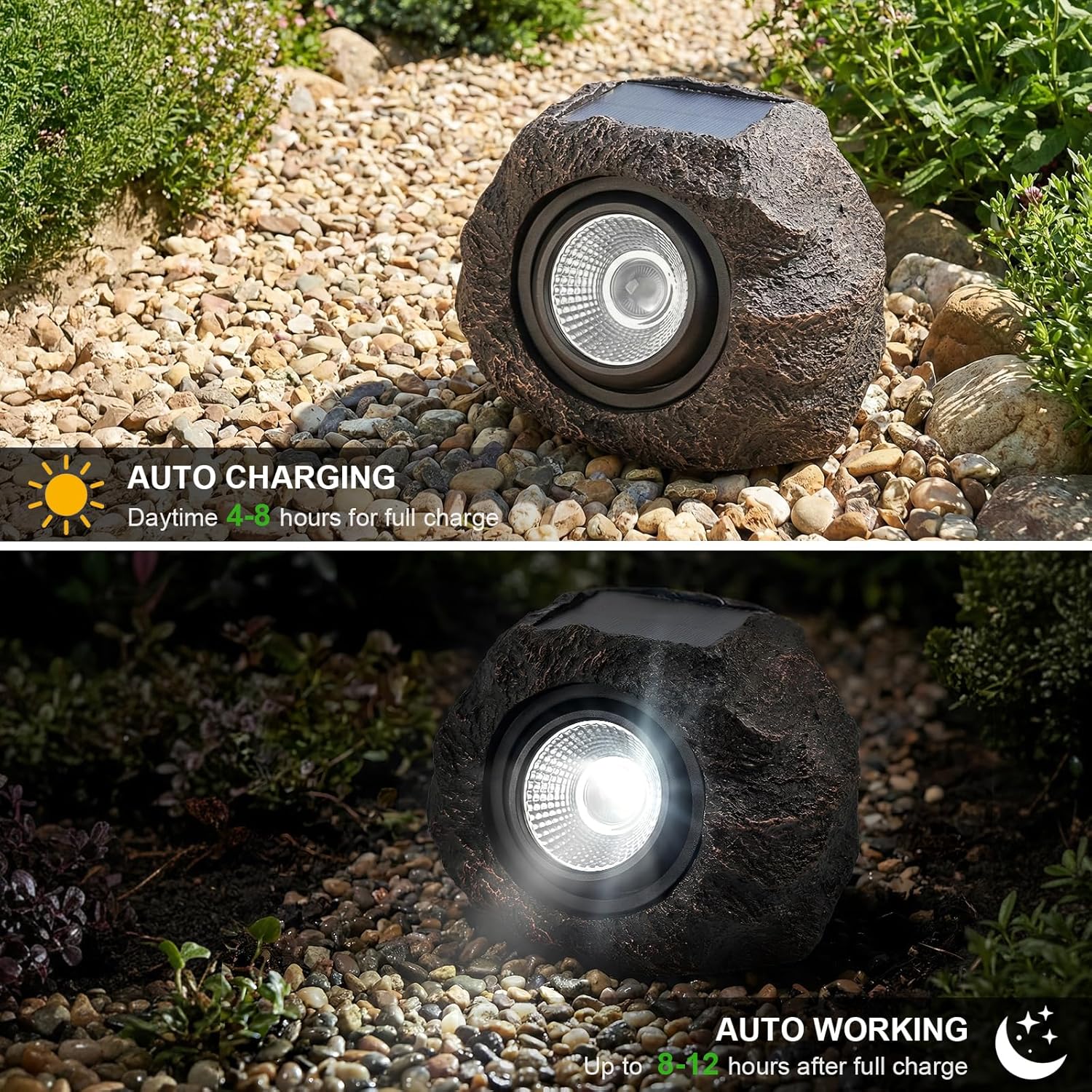 Solar rock garden lights decorative fake stone warm white outdoor — stone light close-up detail