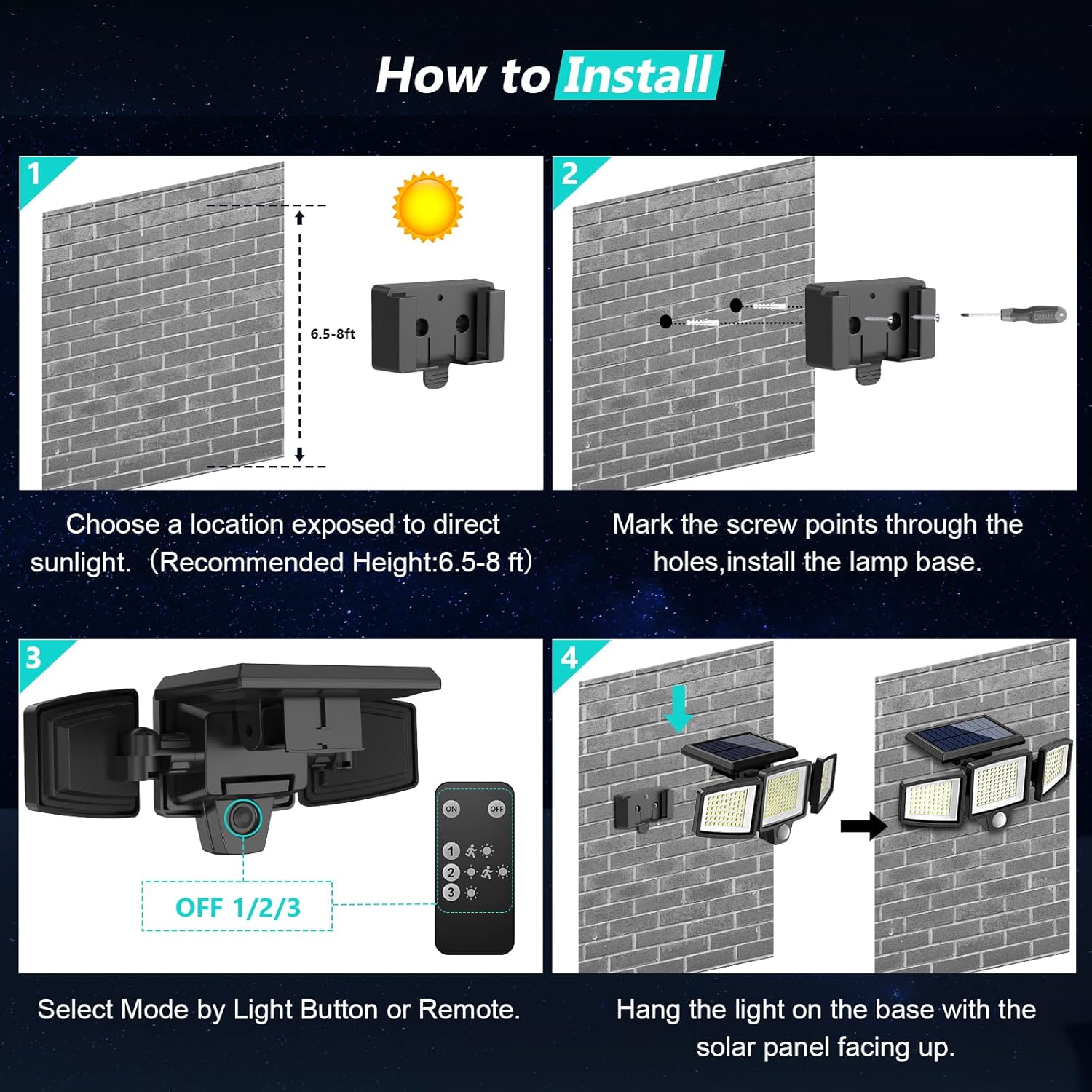 Solar motion security flood light 3-head 182 LED IP65 outdoor — adjustable head angle detail