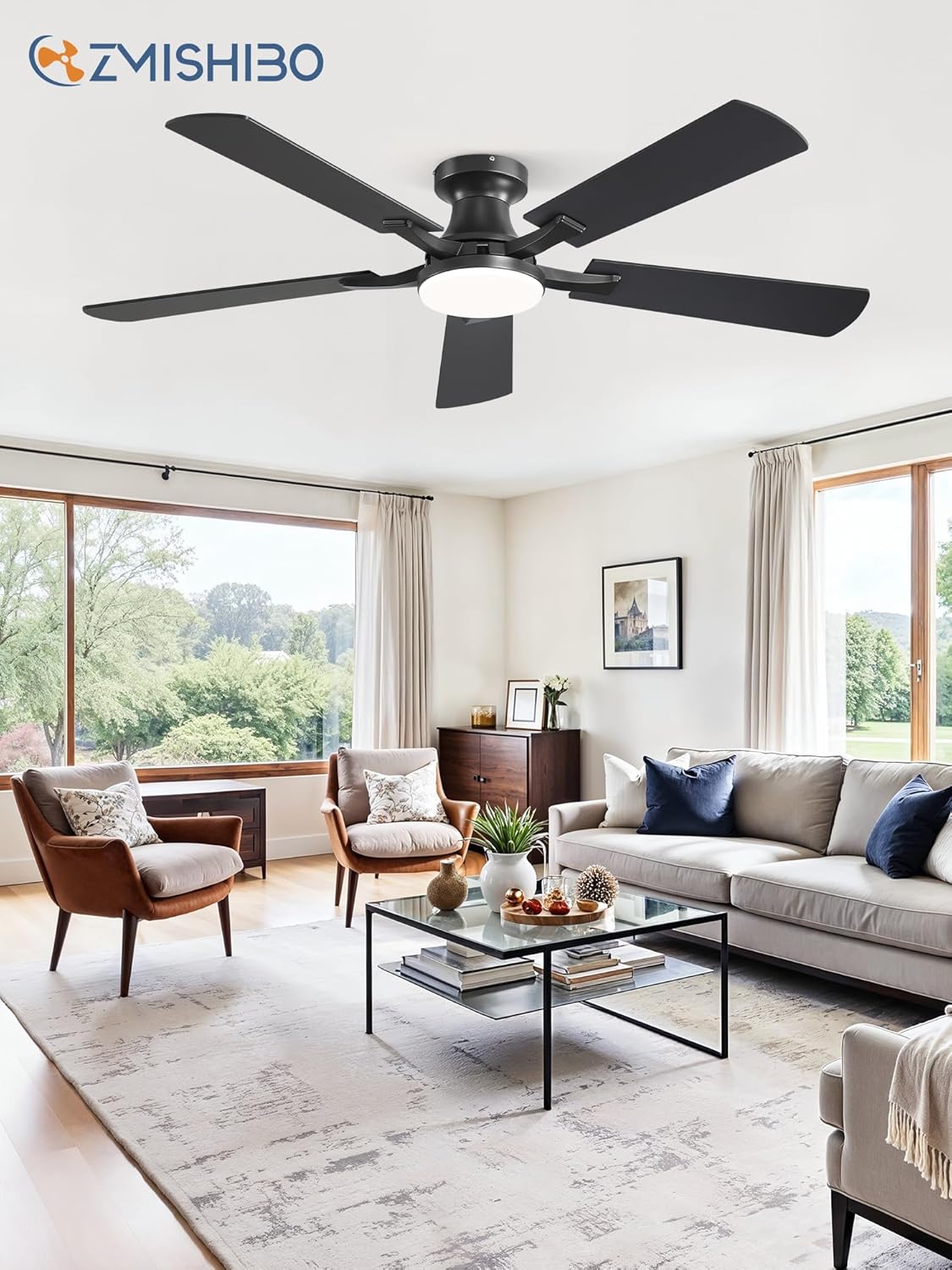 52-Inch Ceiling Fan with LED Light Dimmable App Remote Flush Mount Reversible DC Motor — Black Brown