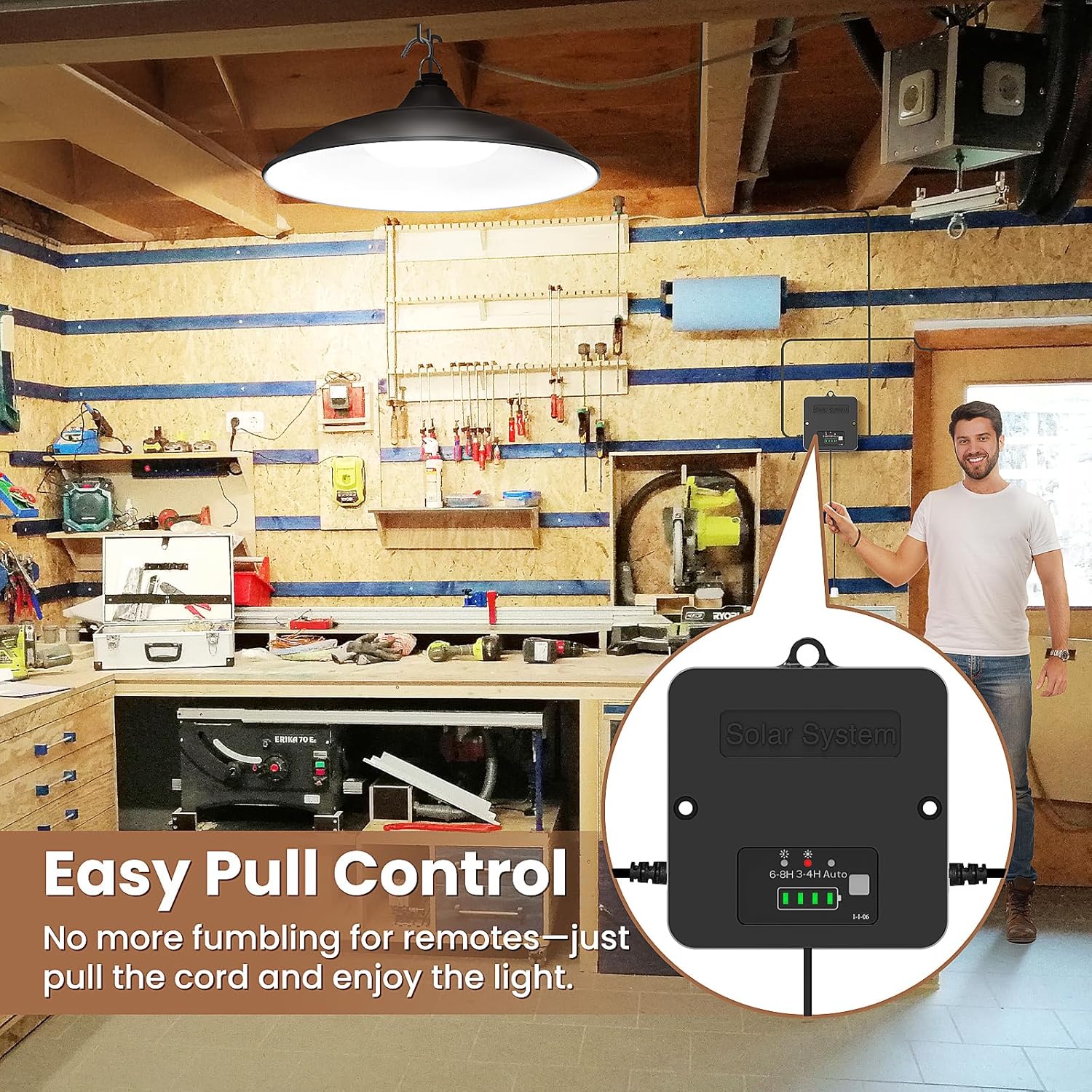 Solar shed garage pendant light indoor outdoor motion sensor IP65 remote control — hanging detail