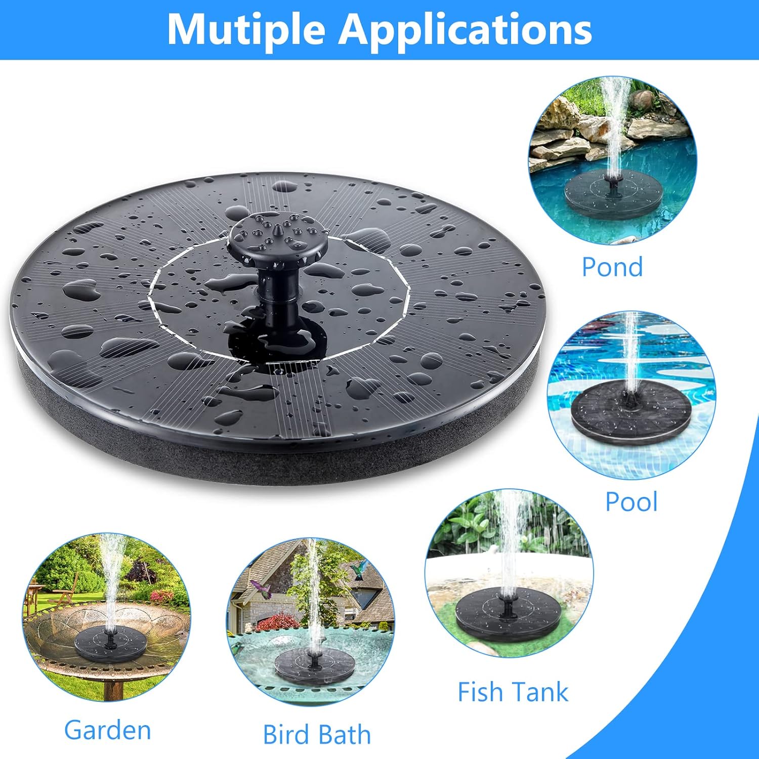 Solar birdbath fountain with LED light outdoor garden water feature — water flow detail