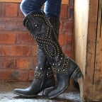 Women's Studded Knee High Boots - Mid Chunky Heel Tall Boots