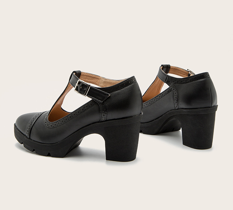 Women's Black Leather Mary Jane Heels | Block Heel