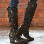 Women's Studded Knee High Boots - Mid Chunky Heel Tall Boots