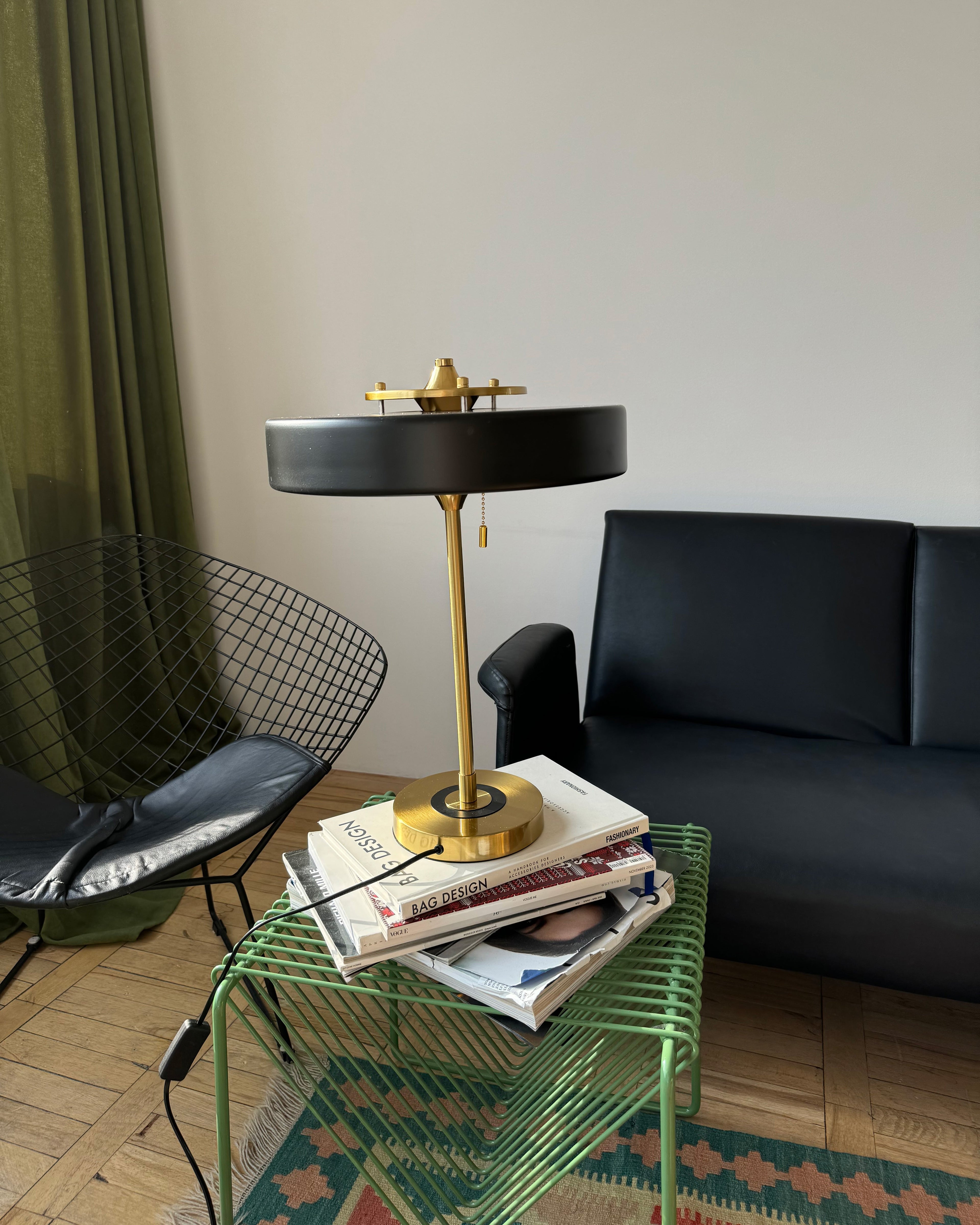 Mid-Century Round Table Lamp with Pull Chain Fabric Shade Warm LED Bedside Living Room — 3 Colors