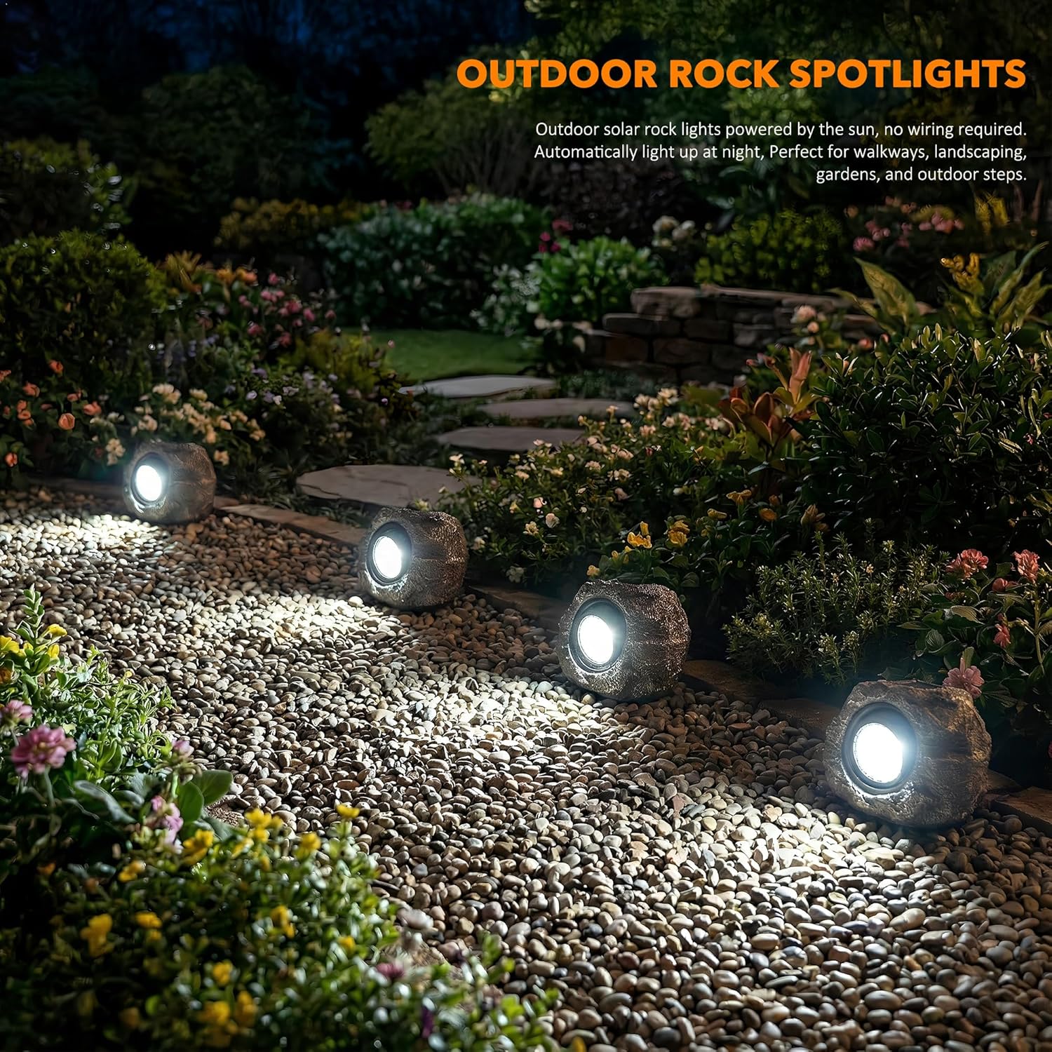Solar rock garden lights decorative fake stone warm white outdoor — realistic stone texture detail