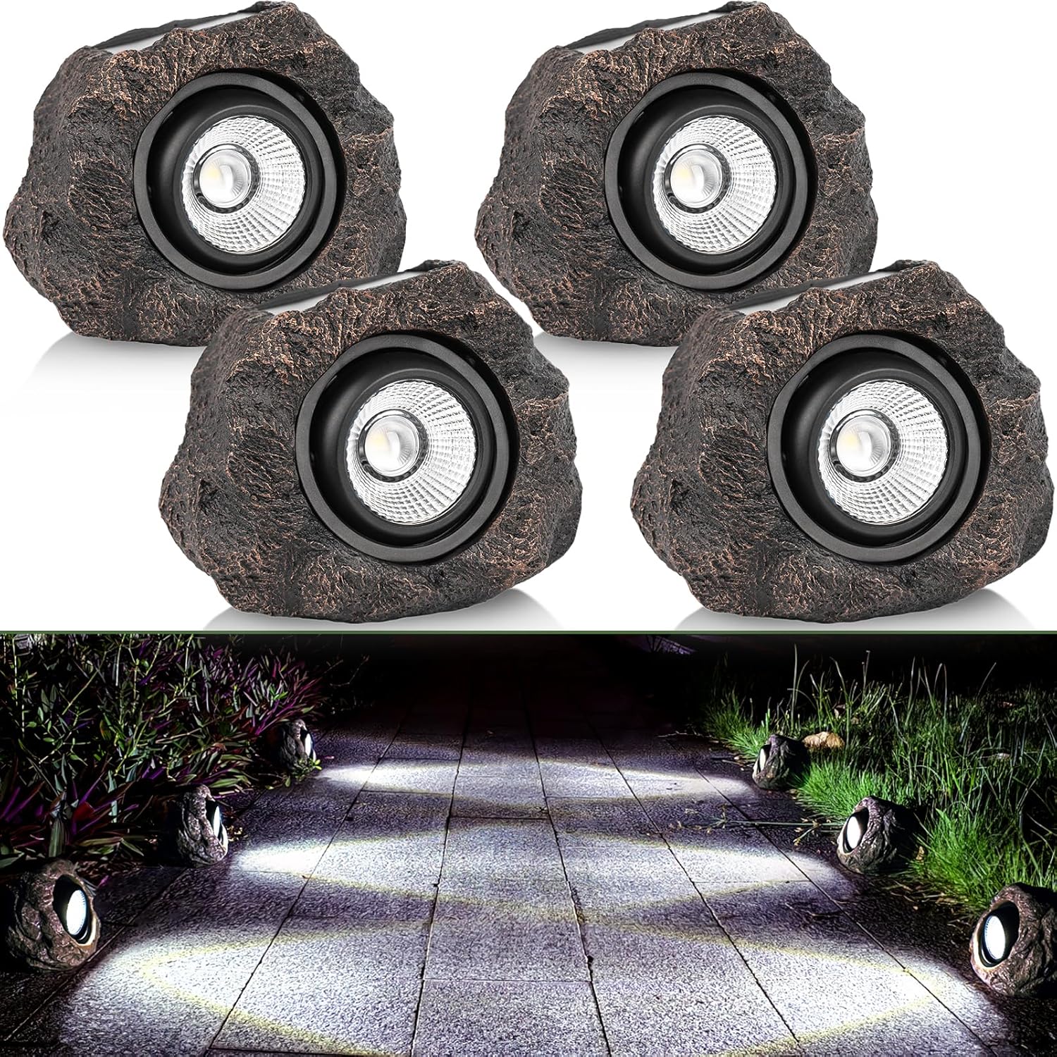 Solar rock garden lights decorative fake stone warm white outdoor — 2, 3 and 5-pack